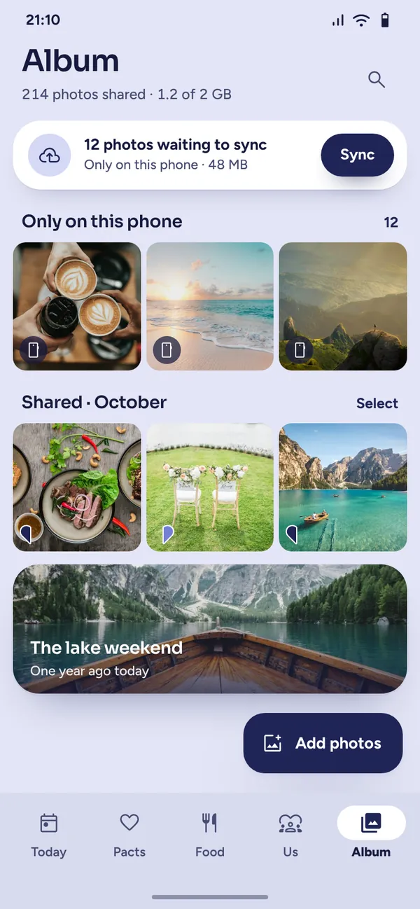 The shared album, with photos from both phones